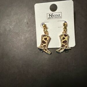 Nicole Gold and Brown Leopard Cowboy Boot Dangle Earrings